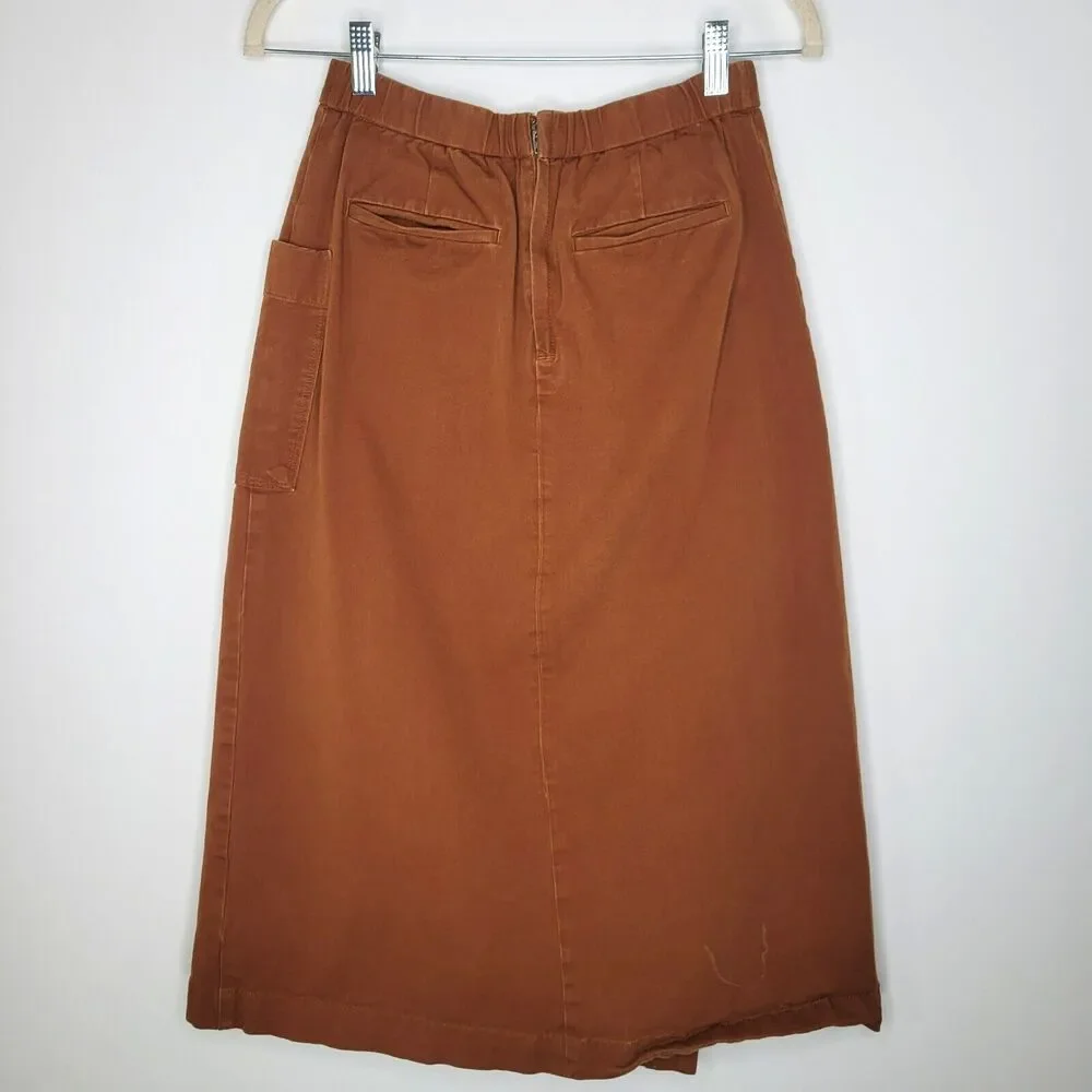 MUJI Brown Asymmetrical Pleat Midi Skirt Size S Cotton Pockets Chore Pocket Zip - Picture 3 of 9